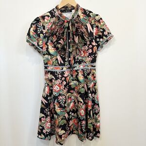 NEW Dalia MacPhee Dress Medium Black Floral Bird Tie Neck Whimsy Lace Pearls